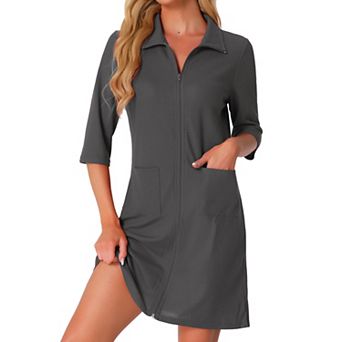 Women's Zip Up Robes Short House Coat 3/4 Sleeves House Dresses Waffle Lightweight Bathrobe