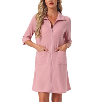 Women's Zip Up Robes Short House Coat 3/4 Sleeves House Dresses Waffle Lightweight Bathrobe