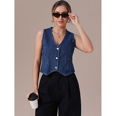 Women's Denim Vest Sleeveless Jacket V Neck Button Down Jean Suit Vests Crop Tank Tops