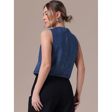 Women's Denim Vest Sleeveless Jacket V Neck Button Down Jean Suit Vests Crop Tank Tops