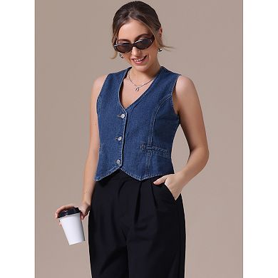 Women's Denim Vest Sleeveless Jacket V Neck Button Down Jean Suit Vests Crop Tank Tops