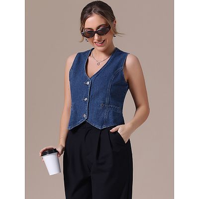 Women's Denim Vest Sleeveless Jacket V Neck Button Down Jean Suit