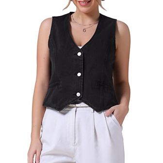 Women's Denim Vest Sleeveless Jacket V Neck Button Down Jean Suit Vests Crop Tank Tops