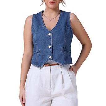 Women's Denim Vest Sleeveless Jacket V Neck Button Down Jean Suit Vests Crop Tank Tops