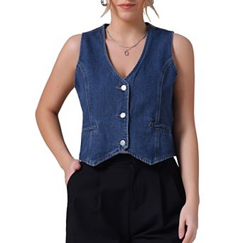 Women's Denim Vest Sleeveless Jacket V Neck Button Down Jean Suit Vests Crop Tank Tops