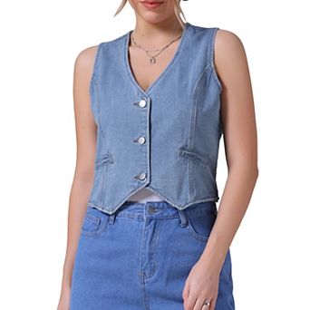 Women's Denim Vest Sleeveless Jacket V Neck Button Down Jean Suit Vests Crop Tank Tops