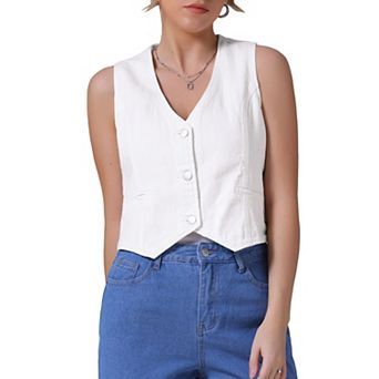 Women's Denim Vest Sleeveless Jacket V Neck Button Down Jean Suit Vests Crop Tank Tops