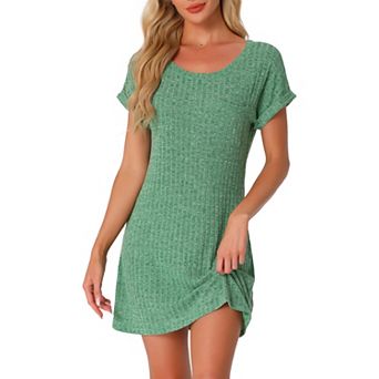 Women's Ribbed Knit Nightgown Sleepshirt Short Sleeve Sleepwear Casual Crew Neck Nightshirt