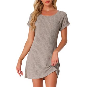 Women's Ribbed Knit Nightgown Sleepshirt Short Sleeve Sleepwear Casual Crew Neck Nightshirt