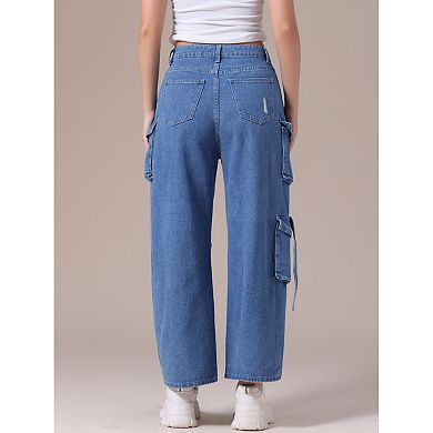 Women's Cargo Jeans Baggy Wide Leg Mid Rise Cargo Pockets Casual Denim Pants