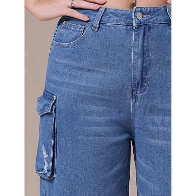 Women's Cargo Jeans Baggy Wide Leg Mid Rise Cargo Pockets Casual Denim Pants