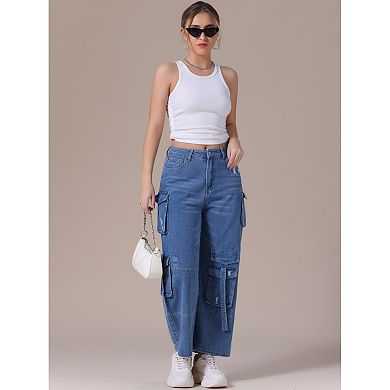Women's Cargo Jeans Baggy Wide Leg Mid Rise Cargo Pockets Casual Denim Pants