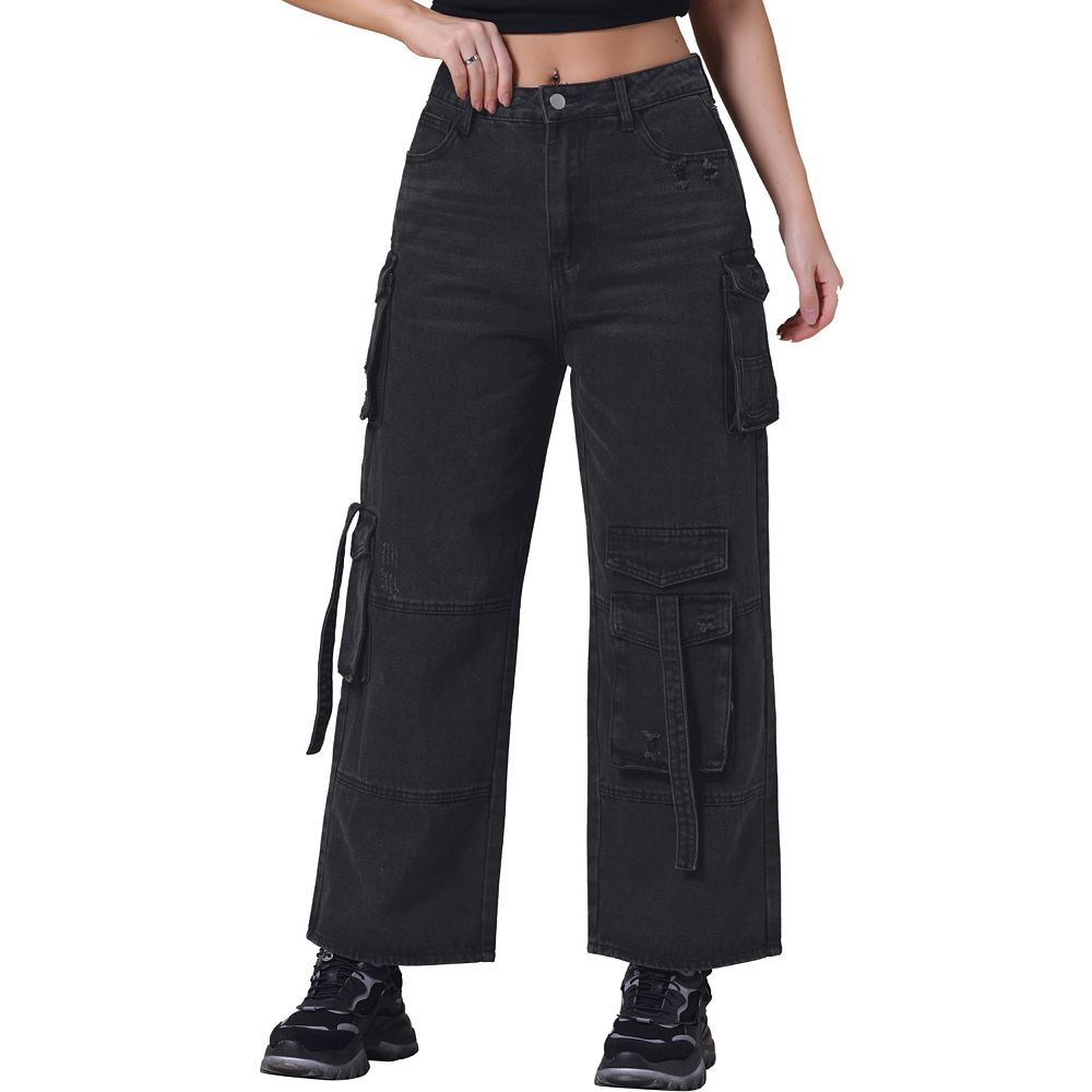 Women Black Denim Baggy Fit Cargo Pants