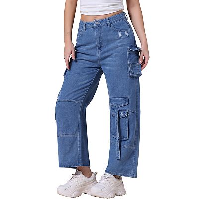 【KOOLOSET】Unique Cargo Wide Denim Impulsive Loose wide-leg women's streetwear multiple-pockets