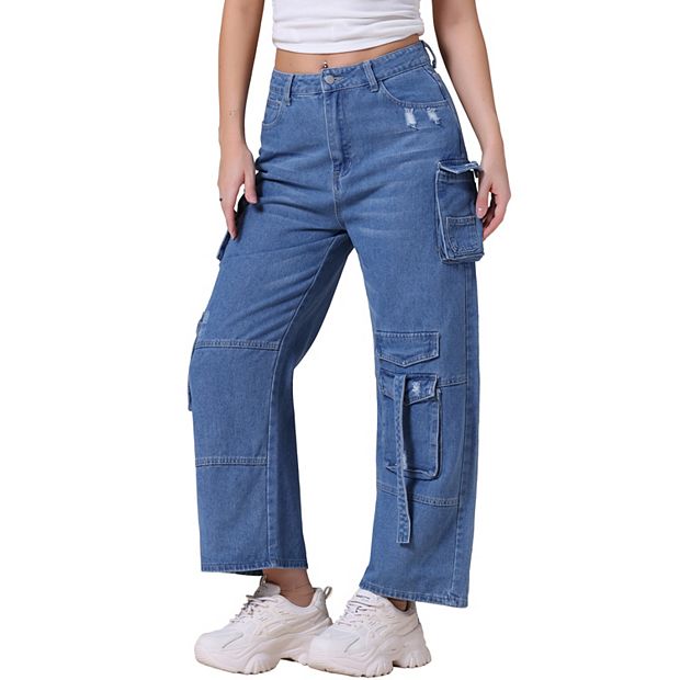 Women's Cargo Jeans Baggy Wide Leg Mid Rise Cargo Pockets
