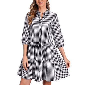 Plaid Dress for Women V-neck 3/4 Sleeve Cute A-Line Casual Dress