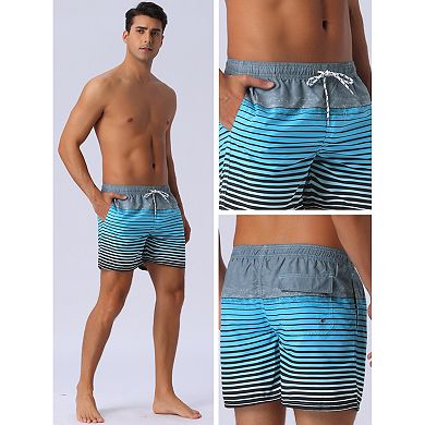 Men's Tropical Beach Color Block Drawstring Waist Mesh Lining Striped Board Shorts