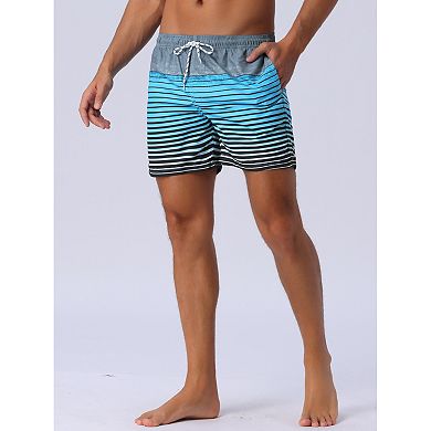 Men's Tropical Beach Color Block Drawstring Waist Mesh Lining Striped Board Shorts