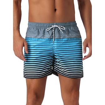 Men's Tropical Beach Color Block Drawstring Waist Mesh Lining Striped Board Shorts