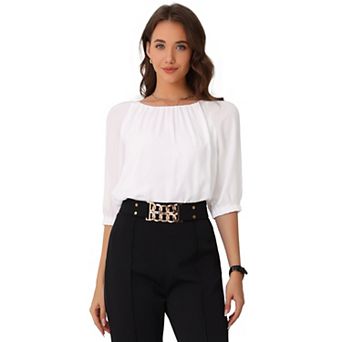 Dressy Casual Top for Women's Office Short Puffy Sleeve Round Neck Work Blouse