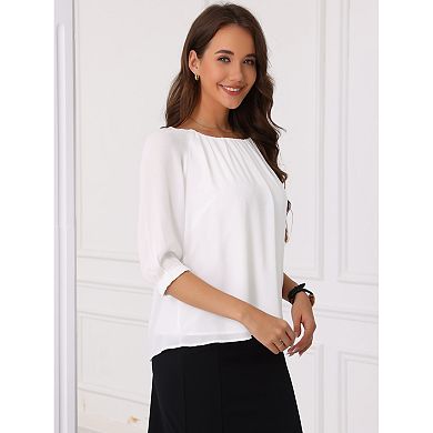 Dressy Casual Top for Women's Office Short Puffy Sleeve Round Neck Work Blouse