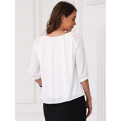 Dressy Casual Top for Women's Office Short Puffy Sleeve Round Neck Work Blouse