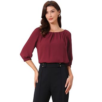 Dressy Casual Top for Women's Office Short Puffy Sleeve Round Neck Work Blouse