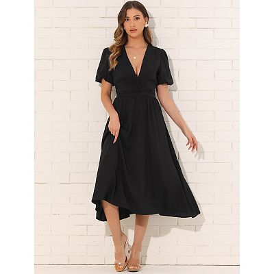 green emerald velvet dress Easter Dresses Casual Daily Elegant Solid Color Ruffle Irregular Hem O Neck Wrapped Skirt Dresses(Blue/XL)