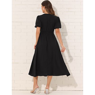 V-Neck Dress for Women's Short Sleeve Casual Dresses Elastic Waist Solid  Elegant Maxi A-Line