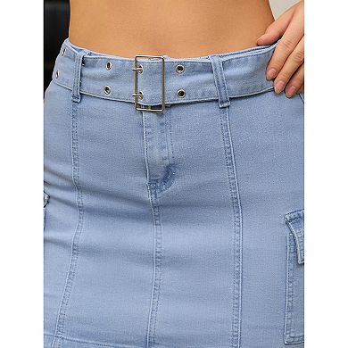Women's Denim Mini Skort High Waisted Stretch Belted Bodycon Jean Skirt