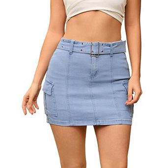 Women's Denim Mini Skort High Waisted Stretch Belted Bodycon Jean Skirt