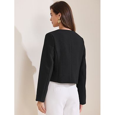 Women's Cropped Tweed Jacket Long Sleeve Button Down Fall Winter Work Business Blazer