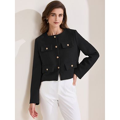 Women's Cropped Tweed Jacket Long Sleeve Button Down Fall Winter Work Business Blazer