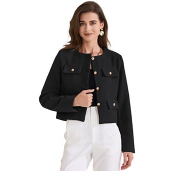 Women's Cropped Tweed Jacket Long Sleeve Button Down Fall Winter Work Business Blazer
