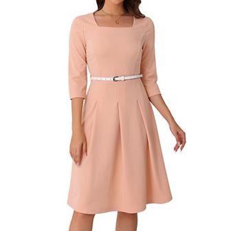 Work Dress for Women's Square Neck 3/4 Sleeve Belted Wedding Guest Church Pleated Midi Dresses