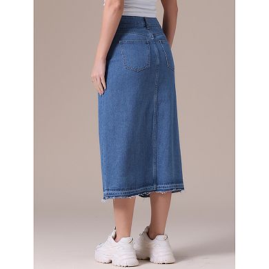 Women's Denim Skirt Front Slit Raw Hem High Waisted Stretch Midi Jean Skirts