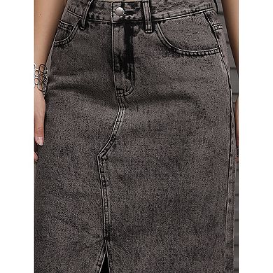 Women's Denim Skirt Front Slit Raw Hem High Waisted Stretch Midi Jean Skirts