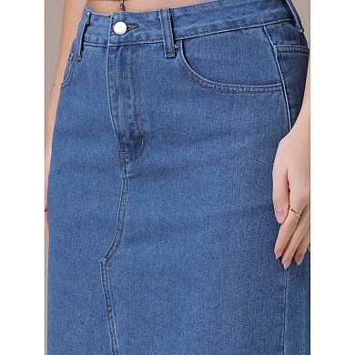 Women's Denim Skirt Front Slit Raw Hem High Waisted Stretch Midi Jean Skirts