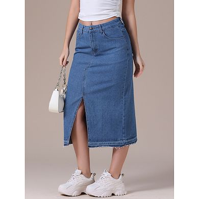 Women's Denim Skirt Front Slit Raw Hem High Waisted Stretch Midi Jean Skirts