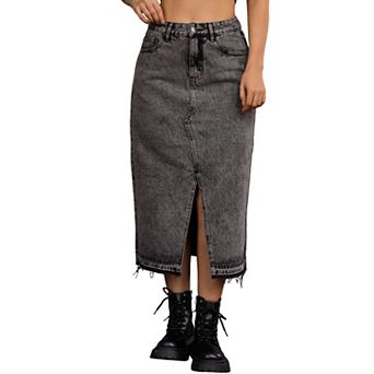 Women's Denim Skirt Front Slit Raw Hem High Waisted Stretch Midi Jean Skirts