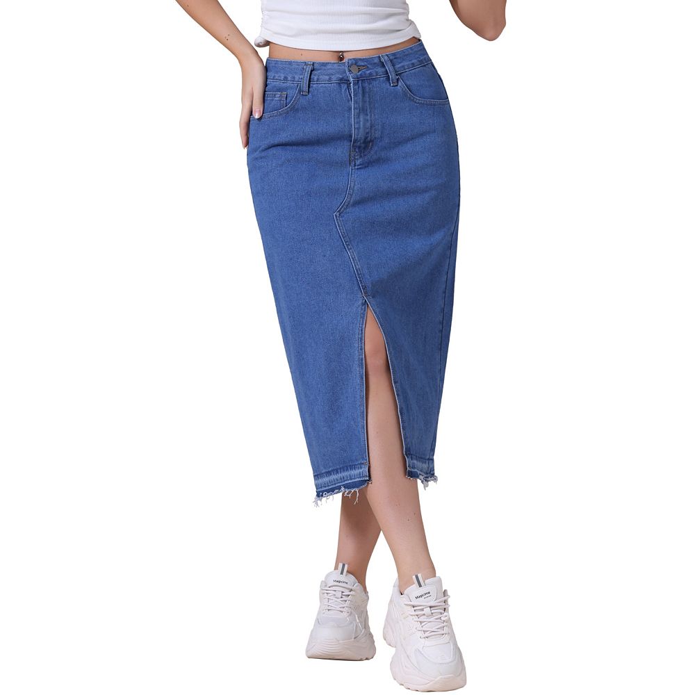 Casual Plain Single Breasted Slit Hem Denim Skirt