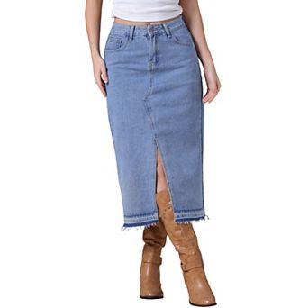 Women's Denim Skirt Front Slit Raw Hem High Waisted Stretch Midi Jean Skirts