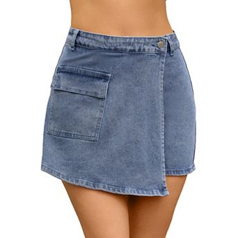 Women's Denim Skorts Cargo Faux Wrap Skirts High Waisted Country Concert Jean Skort Mini Shorts