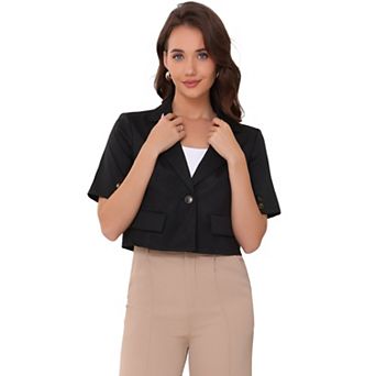 Cropped Blazer for Women's Business Casual Short Sleeve One Button Work Suit Jacket