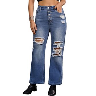 Women's Ripped Jeans Distressed Button Front Stretchy Hole Destroyed High Rise Denim Pants