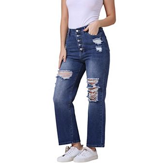 Women's Ripped Jeans Distressed Button Front Stretchy Hole Destroyed High Rise Denim Pants
