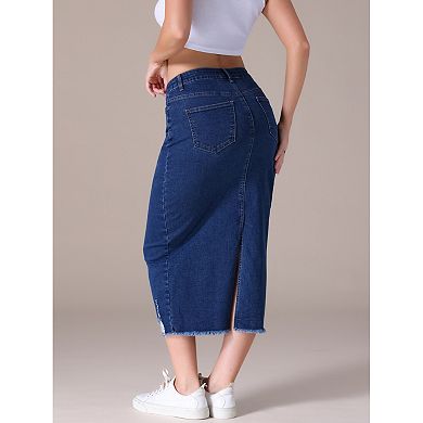 Women's Denim Skirt Ripped Raw Hem High Waisted Stretch Midi Jean Skirts