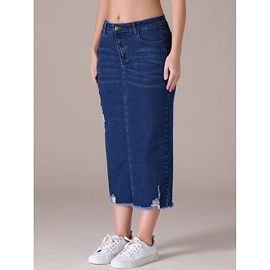 Women's Denim Skirt Ripped Raw Hem High Waisted Stretch Midi Jean Skirts