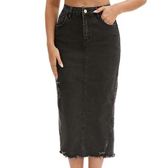 Women's Denim Skirt Ripped Raw Hem High Waisted Stretch Midi Jean Skirts