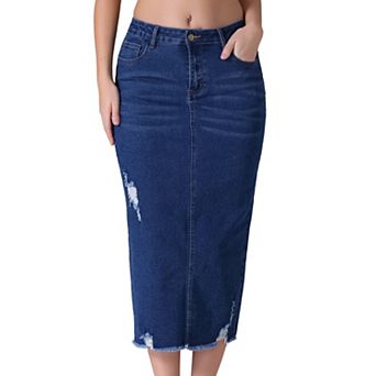 Women's Denim Skirt Ripped Raw Hem High Waisted Stretch Midi Jean Skirts